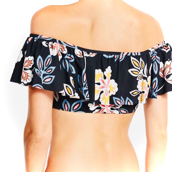 TORY BURCH | S | Hopewell Off-the-Shoulder Ruffle Floral Swim Top Bandeau Black - Picture 3 of 13